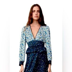 Floral V-Neck Women's Top Zara EUC Floral Feminine Ladies Blue Blouse